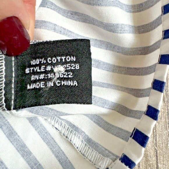 Walter Baker Womens Navy Striped Button Down Shirt M Cold Shoulder Lace Ruffle - Picture 8 of 11